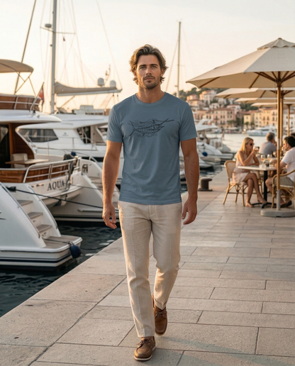 Blue Marlin Sketchy Tee — lifestyle photo, hand-drawn blue marlin fishing shirt, Love My Oceans