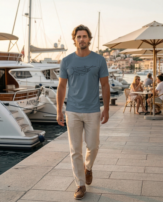 Blue Marlin Sketchy Tee — lifestyle photo, hand-drawn blue marlin fishing shirt, Love My Oceans