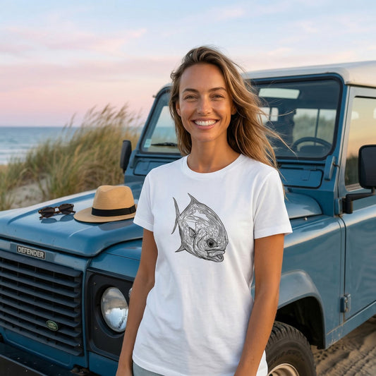 Permit Sketchy Tee — lifestyle photo, hand-drawn permit fishing shirt, Love My Oceans