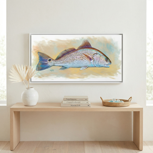 Redfish Illustration by Mike Savlen — coastal gamefish framed canvas print, inshore fishing wall art, Love My Oceans