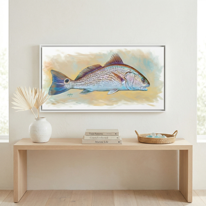 Redfish Illustration by Mike Savlen — coastal gamefish framed canvas print, inshore fishing wall art, Love My Oceans