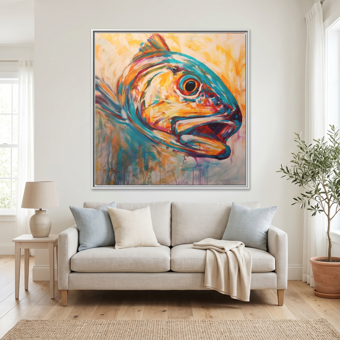 Expressionist Redfish Red Drum painting by Mike Savlen — colorful framed canvas print, inshore fishing wall art, Love My Oceans