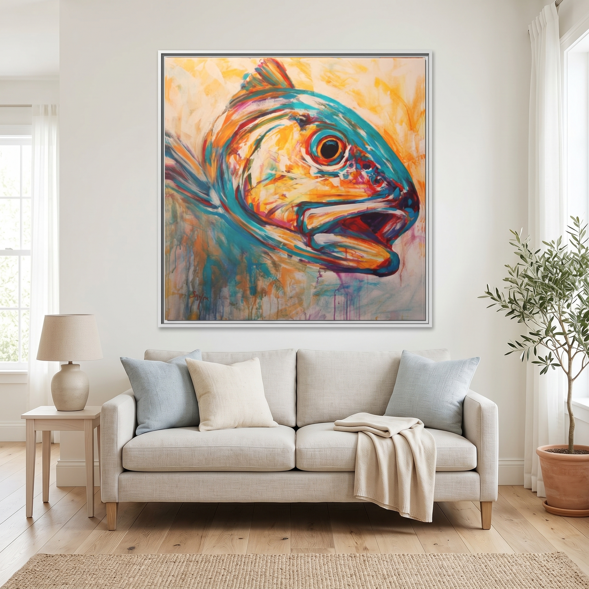 Expressionist Redfish Red Drum painting by Mike Savlen — colorful framed canvas print, inshore fishing wall art, Love My Oceans