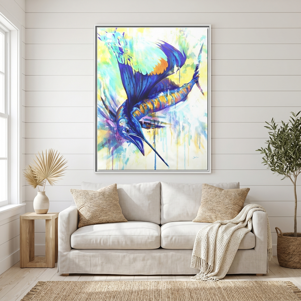 Pelagic Dragon sailfish painting by Mike Savlen — vibrant offshore fishing framed art print, fish wall art, Love My Oceans