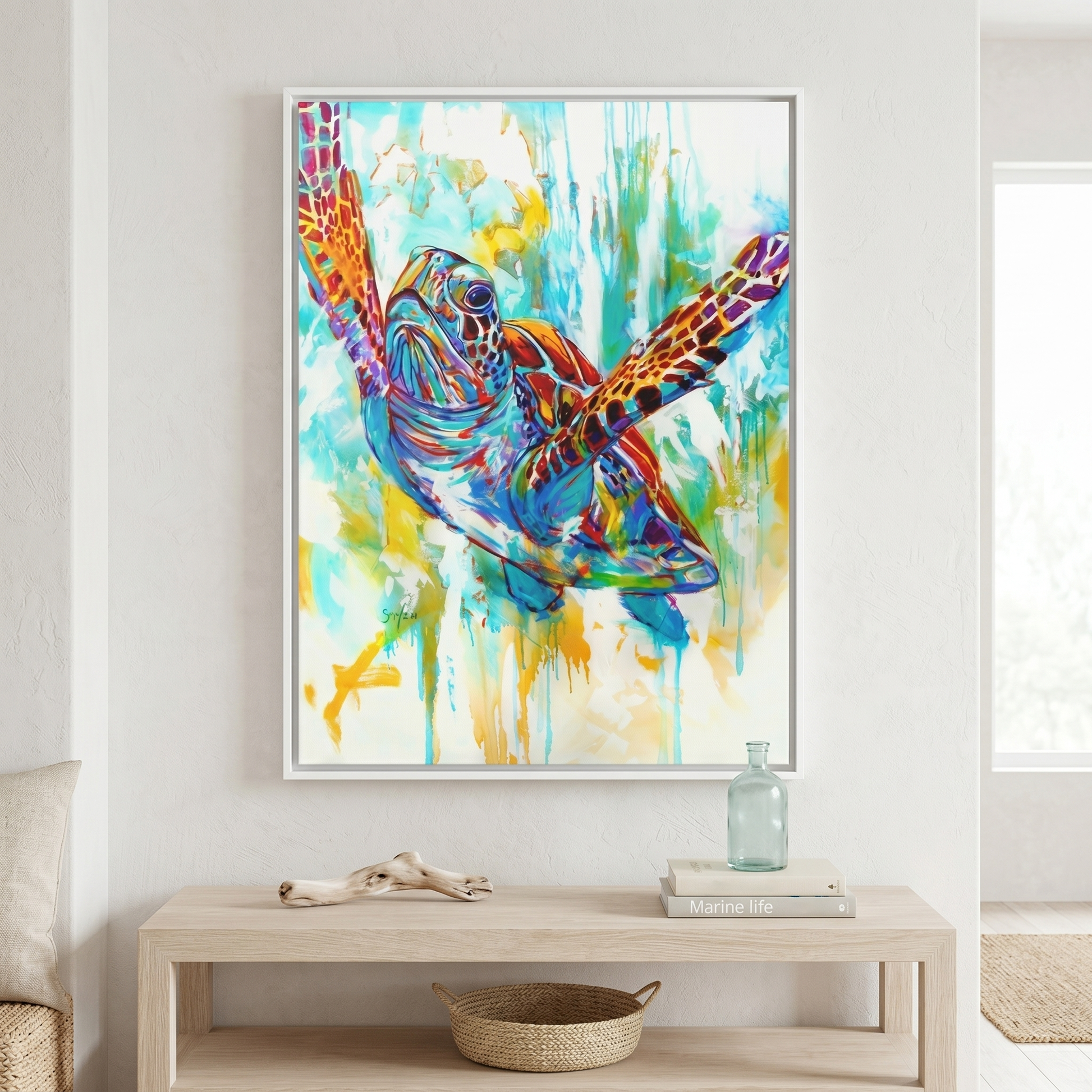Freedom Hawksbill sea turtle painting by Mike Savlen — colorful framed canvas print, marine wildlife wall art, Love My Oceans