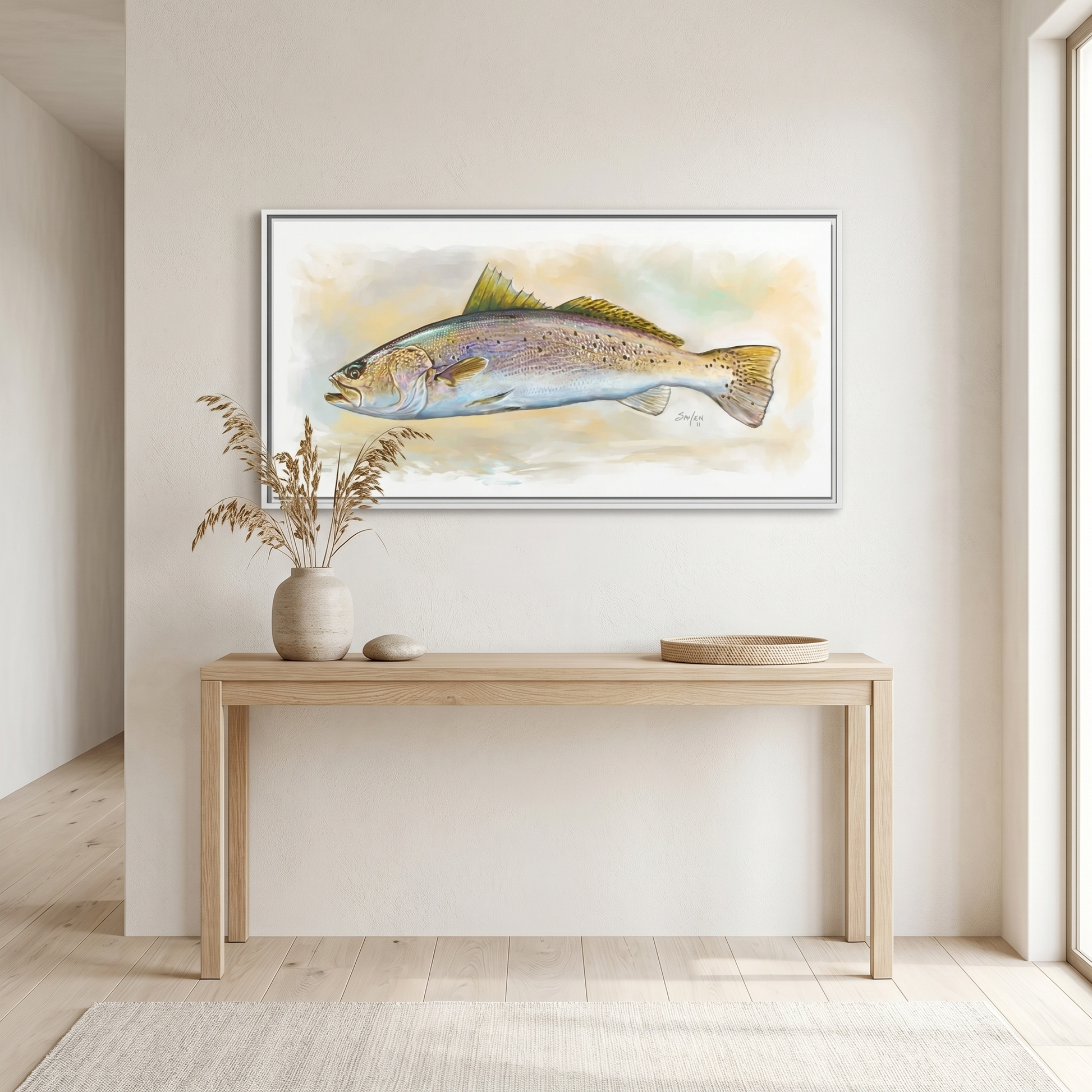 Speckled Trout Illustration by Mike Savlen — coastal gamefish framed canvas print, inshore fishing wall art, Love My Oceans
