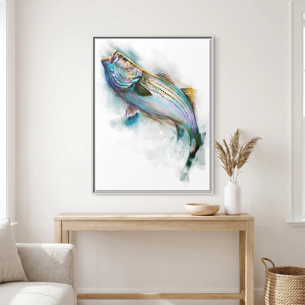 Striper Rise striped bass painting by Mike Savlen — colorful framed art print, saltwater fishing wall art, Love My Oceans