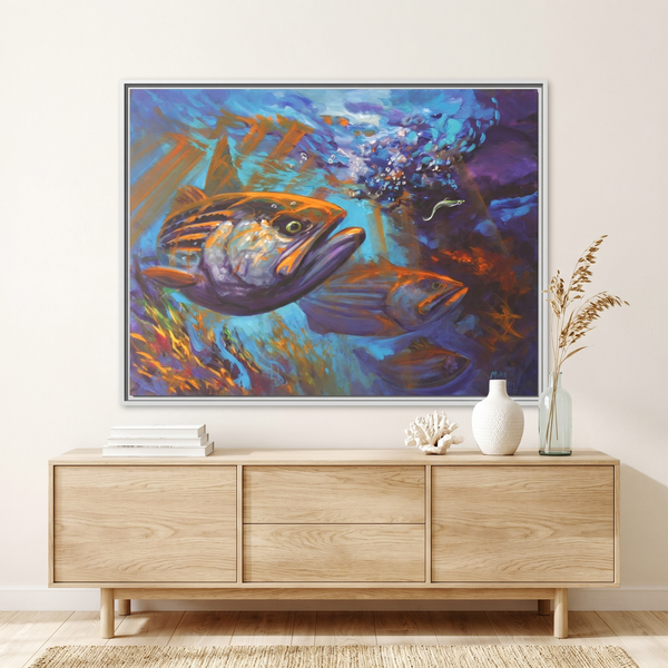 Aggressive Intentions striped bass painting by Mike Savlen — colorful framed canvas print, saltwater fishing wall art, Love My Oceans