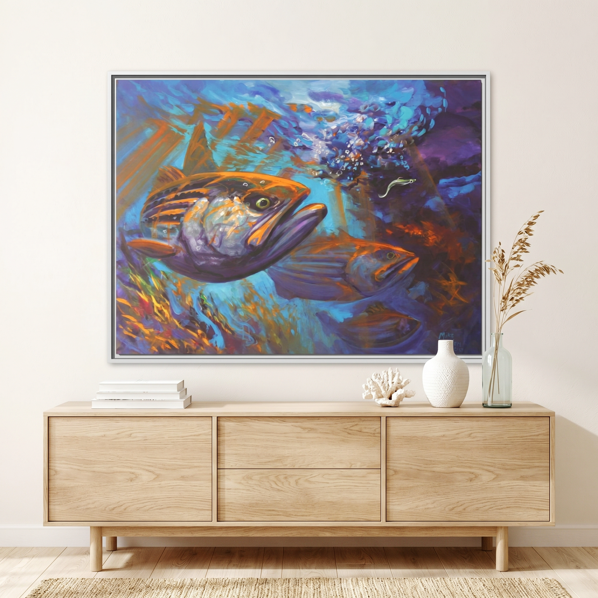 Aggressive Intentions striped bass painting by Mike Savlen — colorful framed canvas print, saltwater fishing wall art, Love My Oceans