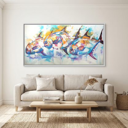 The Usual Suspects permit trio painting by Mike Savlen — colorful framed canvas print, flats fishing wall art, Love My Oceans