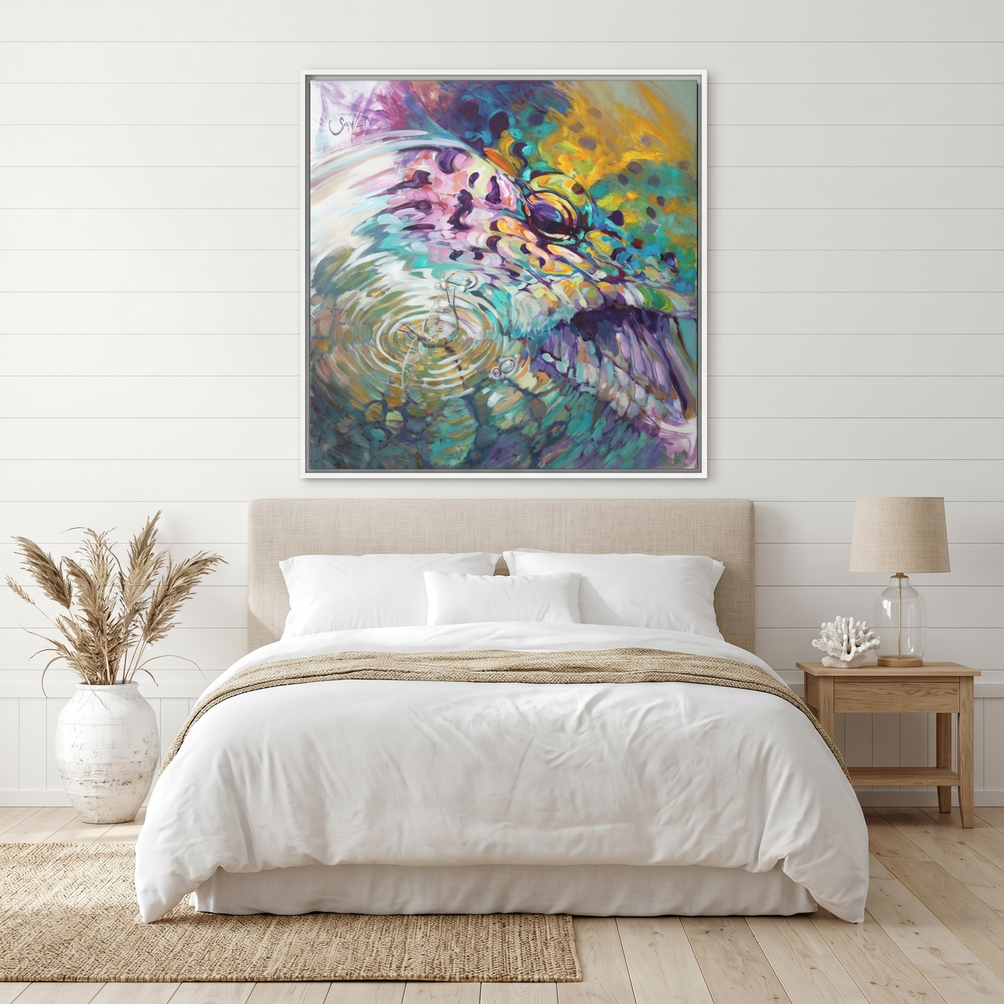 Trout and Mayfly abstract painting by Mike Savlen — fly fishing framed art print, freshwater fish wall art, Love My Oceans