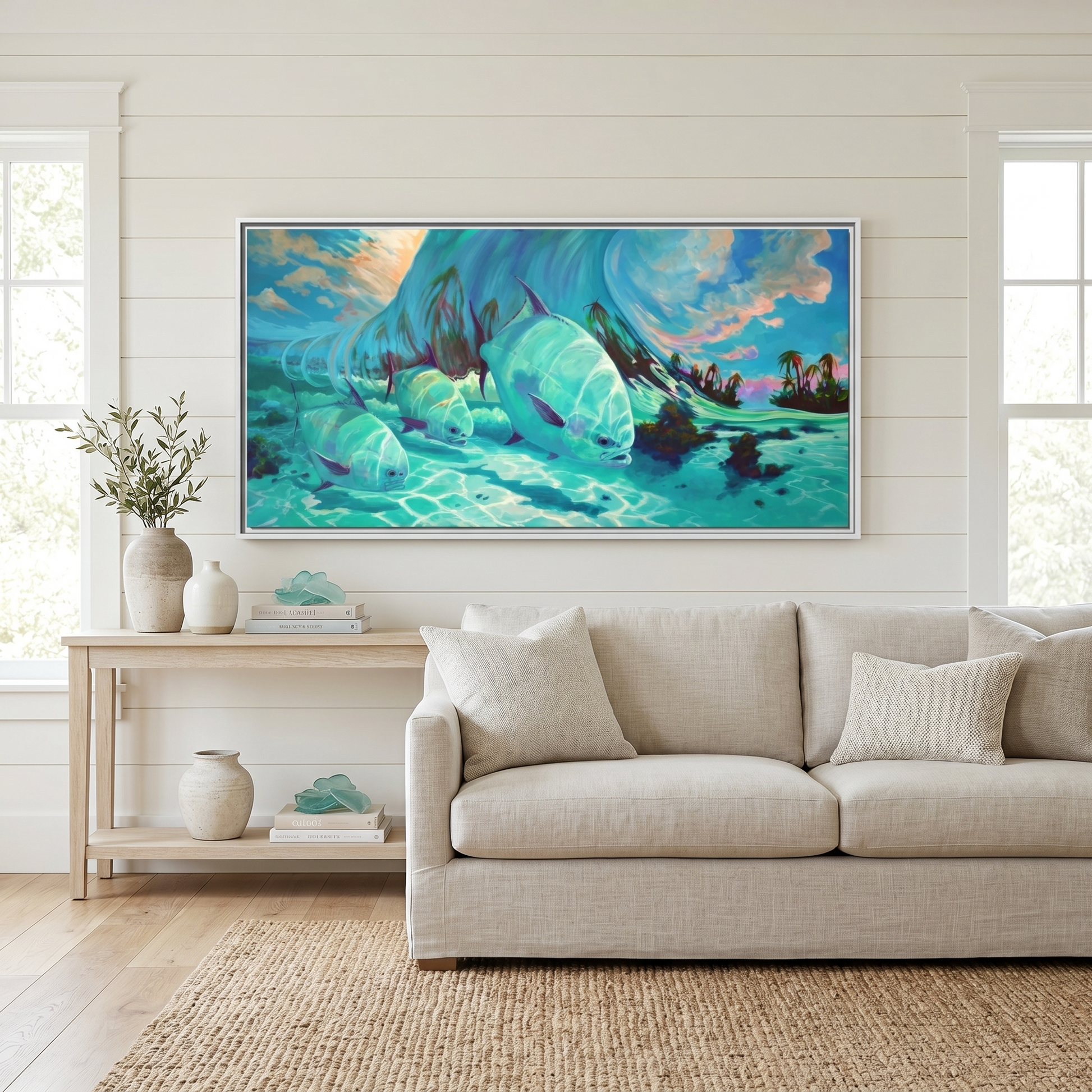 Under the Waves permit fish painting by Mike Savlen — framed canvas print, flats fishing wall art, Love My Oceans